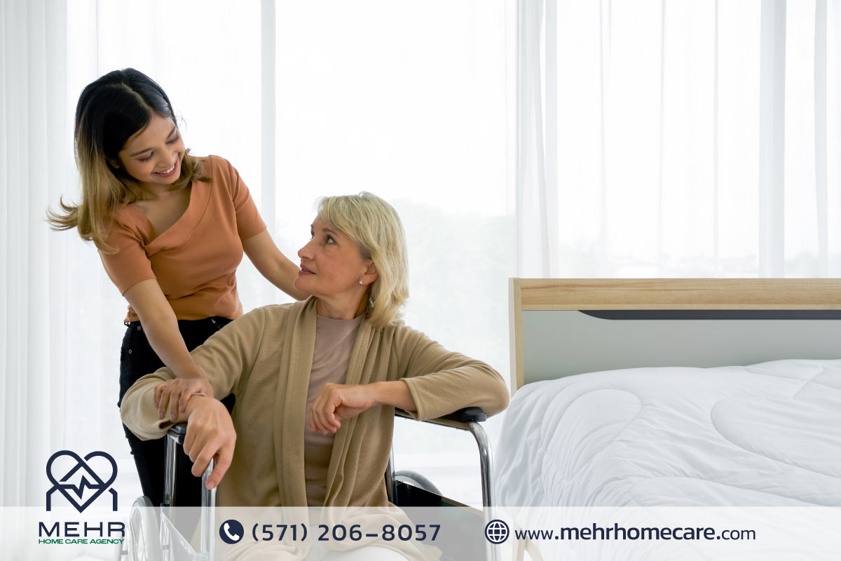 Caregiver helping senior woman, representing personal care assistance at home.