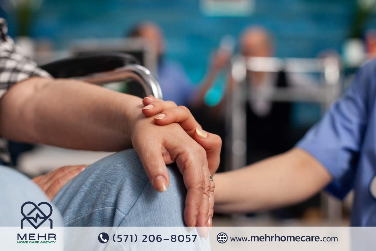**Alt Text:** Smiling senior woman receiving compassionate home care assistance in Chantilly.