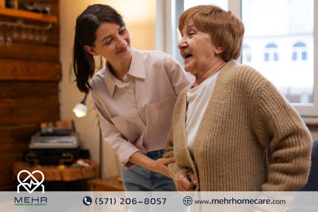 Senior woman walking with caregiver support, highlighting safe home care and mobility assistance.