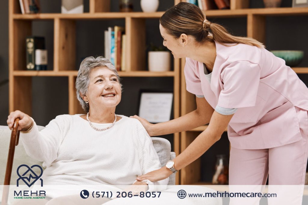 Mehr Home Care caregiver assisting an elderly woman at home in Reston, Virginia, offering personalized and affordable home care services.