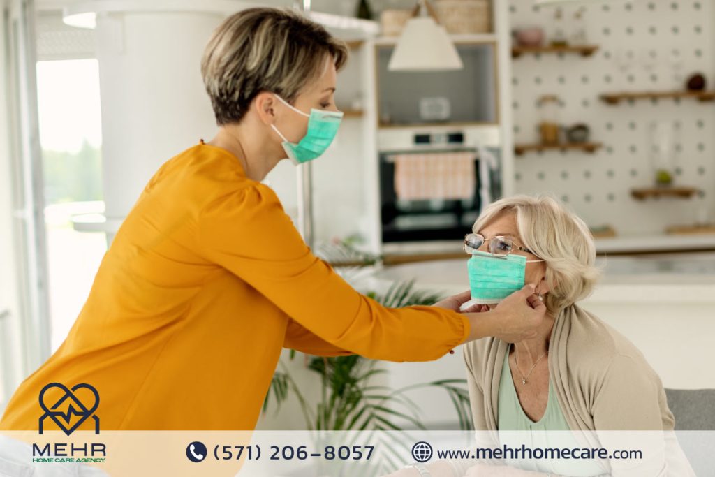 Caregiver assisting an elderly person with dementia at home in Reston, providing support and comfort