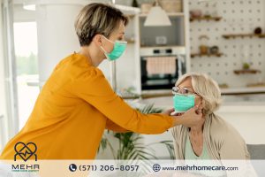 Caregiver assisting an elderly person with dementia at home in Reston, providing support and comfort