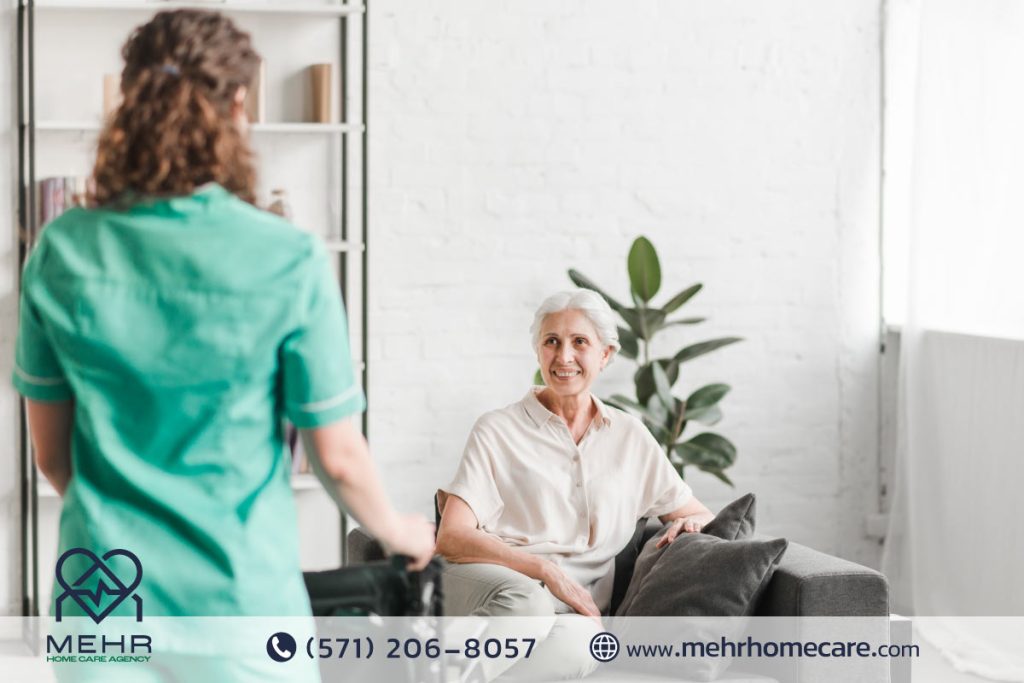 Elderly person with dementia receiving attentive home care in Reston from a professional caregiver